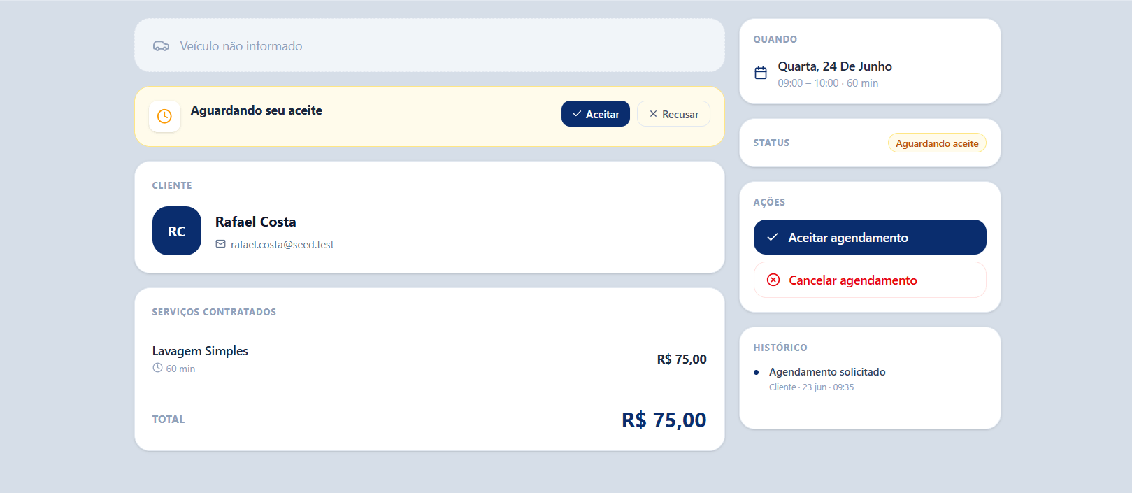 Detalhe de um agendamento aguardando aceite no Dtail