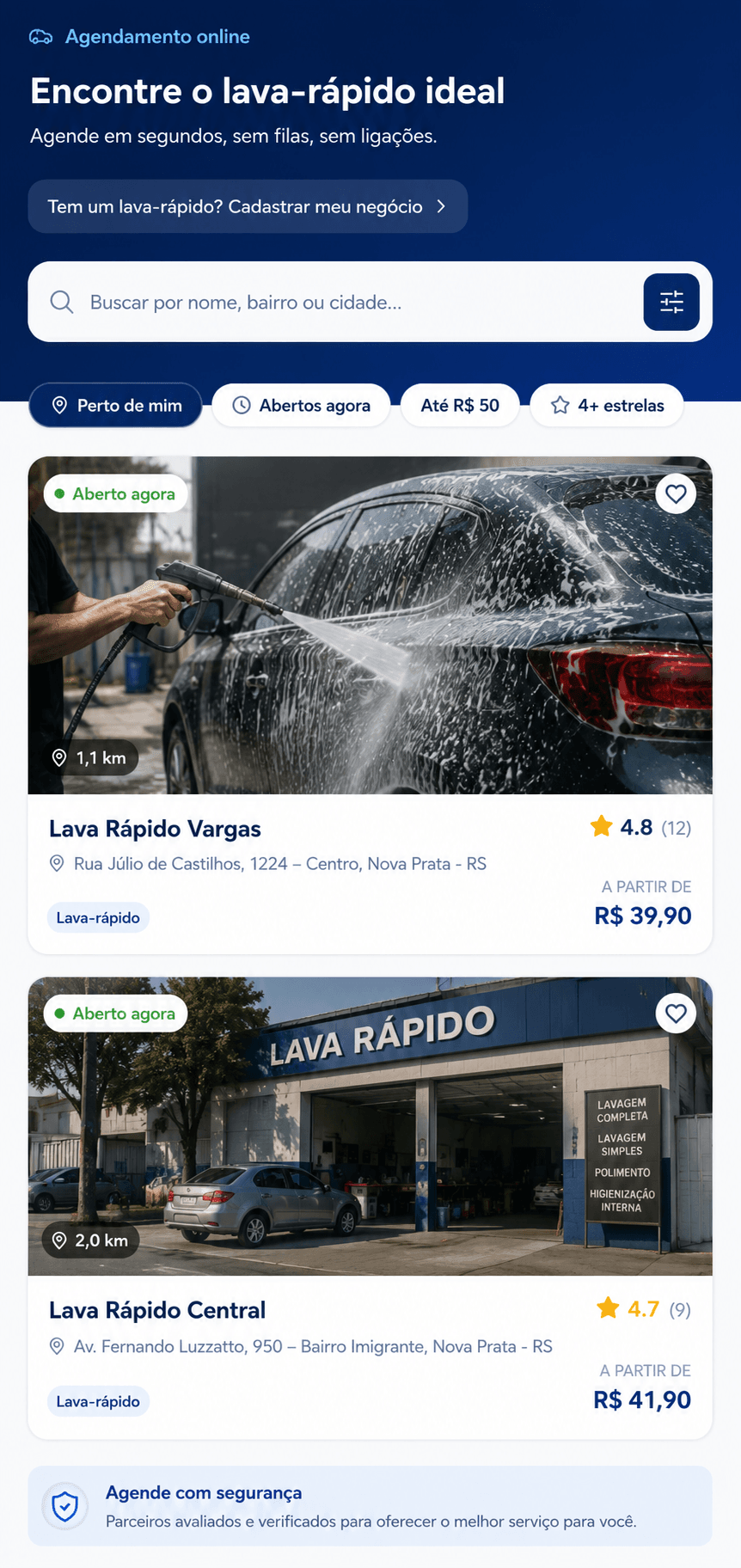 App do Dtail onde clientes buscam lava-rápidos da região