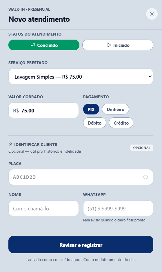 Registro de atendimento presencial walk-in no Dtail